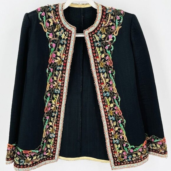 Womens Quilted Evening Coat Applique Trim  Measures Size M  Black Elegant - Picture 1 of 9